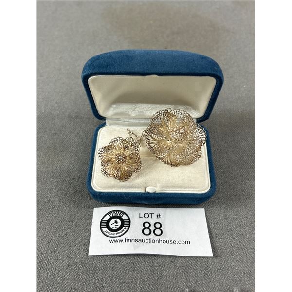 Antique Vintage Sterling Silver Filigree Double Flower Chain Brooch - C-Clasp - Unmarked - Tested