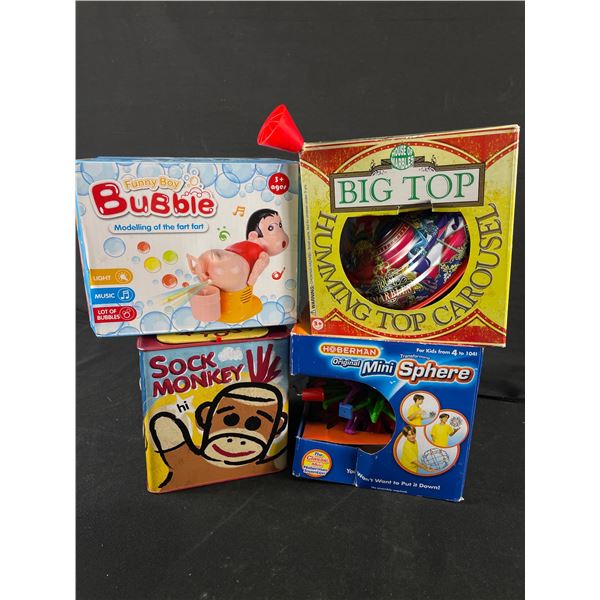4 Interactive Toys - Funny Boy Bubble, Original Mini Sphere, Sock Monkey and You & Spinning Big Top