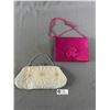 Image 1 : 2 Vintage Purses - Hot Pink Satine w/ Cord Strap & White Floral Beaded w/ Chain Strap