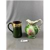 Image 1 : Beautiful VintageCeramic Forest Green Jug w/ Gold Accents. Approx. 6" H & Marked Gervais Jaynes Galt