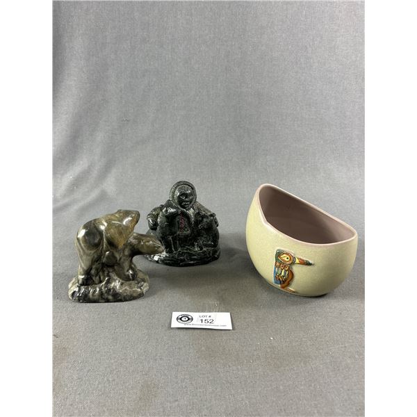 West Coast Indian Design Canada 7117 Bowl & 2 Stone Carving - Inuit w/ Dogs & Polar Bears
