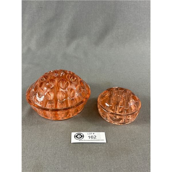 2 Vintage Pinkish Orange Coloured Glass "Frogs". Largest Is 5" Diam. Marked "PAT'D APRIL 11 1916. Ot