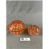 Image 1 : 2 Vintage Pinkish Orange Coloured Glass "Frogs". Largest Is 5" Diam. Marked "PAT'D APRIL 11 1916. Ot