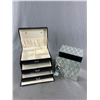 Image 2 : 2 Jewelry Boxes - 6.75" H Mirrored w/ 4 Drawers & 5" H Black Case w/ Flip Top & 2 Drawers