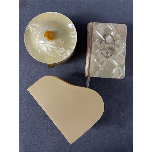 Vintage French Ivory Piano Trinket Box, 4.5" L Bible w/ Lucite Cover & 4" Diam.  Lucite? Powder Dish