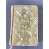 Image 2 : Vintage French Ivory Piano Trinket Box, 4.5" L Bible w/ Lucite Cover & 4" Diam.  Lucite? Powder Dish