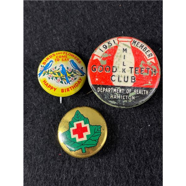 3 Vintage Pins "1950s Good Teeth Club" etc