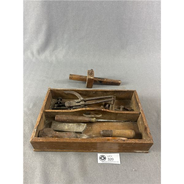 Vintage Wood Tool Tray w/ Contents