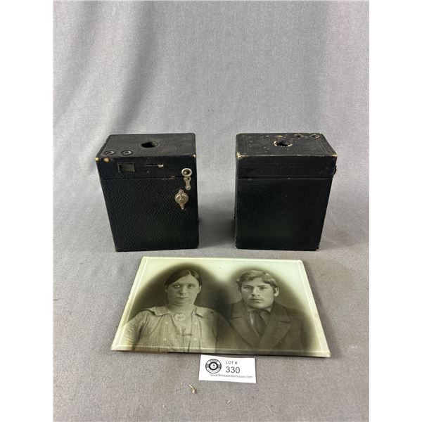 2 Antique Kodak No2A Brownie Cameras & 9.5" x 6" Glass Encased Photograph