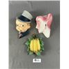 Image 1 : Vintage Wall Art - 8" Flamingo Lady Wall Pocket Vase, 7.5" Wall Pocket Bananas & 9" Chalkware Baby F