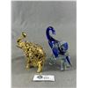 Image 2 : 2 Vintage 5" H Elephant Figurines - Blue to Clear Glass & Brass w/ Stone Accents