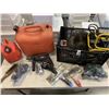 Image 1 : 2 GAS CANS AND CRATE OF ASSORTED TOOLS