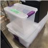 Image 2 : LOT OF LONG STORAGE TOTES AND LEATHER STORAGE HASSOCK