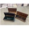 Image 2 : 3 WOOD GIFT BOXES; ONE PEN SET, ONE KNIFE SET AND EXTRA CASE