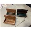 Image 2 : 3 WOOD GIFT BOXES; ONE PEN SET, ONE KNIFE SET AND EXTRA CASE