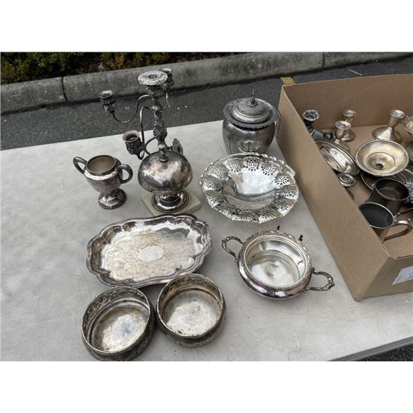 LOT OF STERLING AND PLATED SILVER SERVING DISHES, CANDLE HOLDERS AND MORE