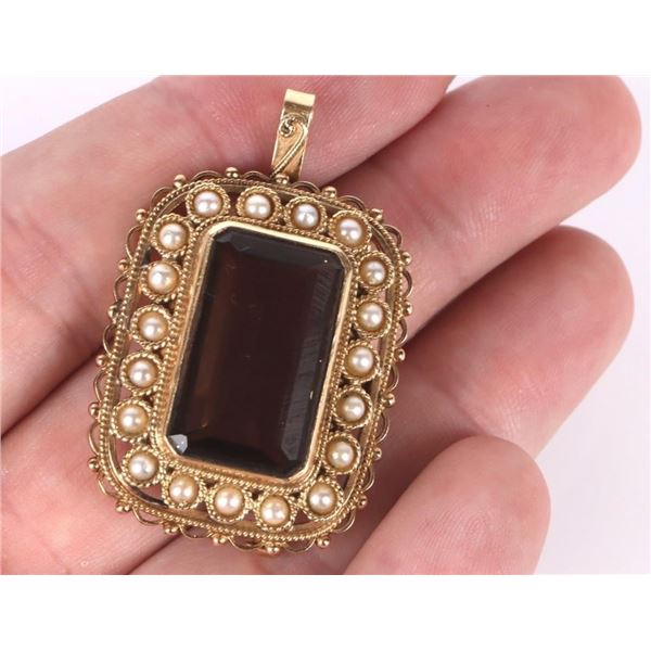14K YELLOW GOLD BROWN TOPAZ PEARL LADIES BROOCH