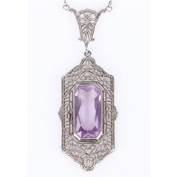 10K WHITE GOLD AMETHYST FILIGREE LADIES NECKLACE