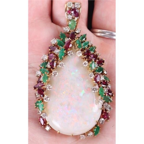 14K YELLOW GOLD OPAL EMERALD RUBY DIAMOND PENDANT