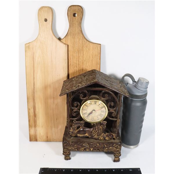 VINTAGE METAL CLOCK, WATER BOTTLE, AND