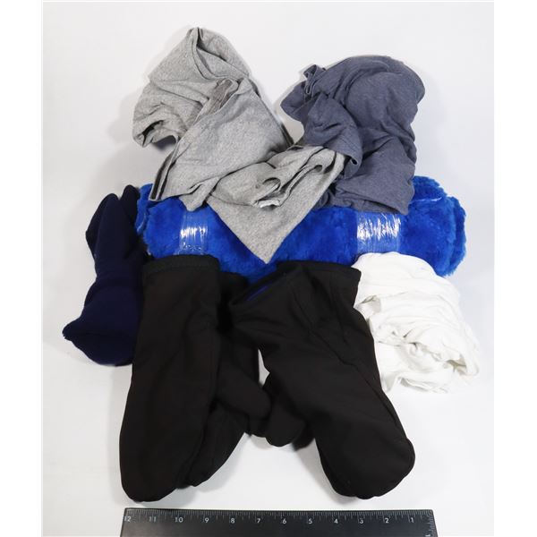 BAG WITH T-SHIRTS, GLOVES, FABRIC, AND MORE