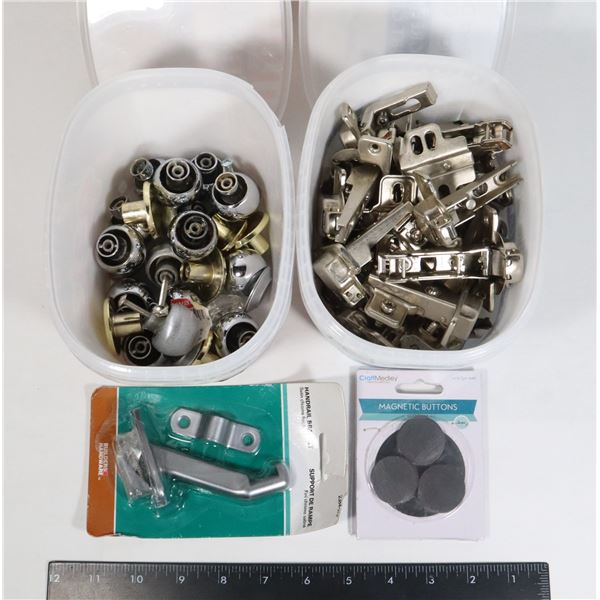 BIN OF CABINET KNOBS AND BIN OF HINGES