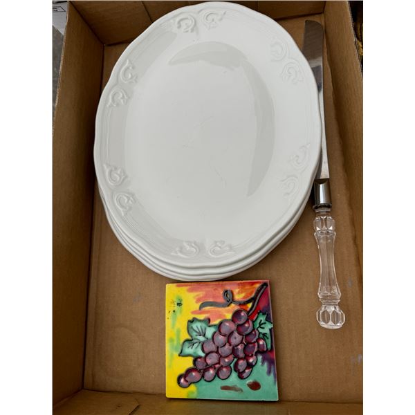 Kitchen, platters, knife, etc.