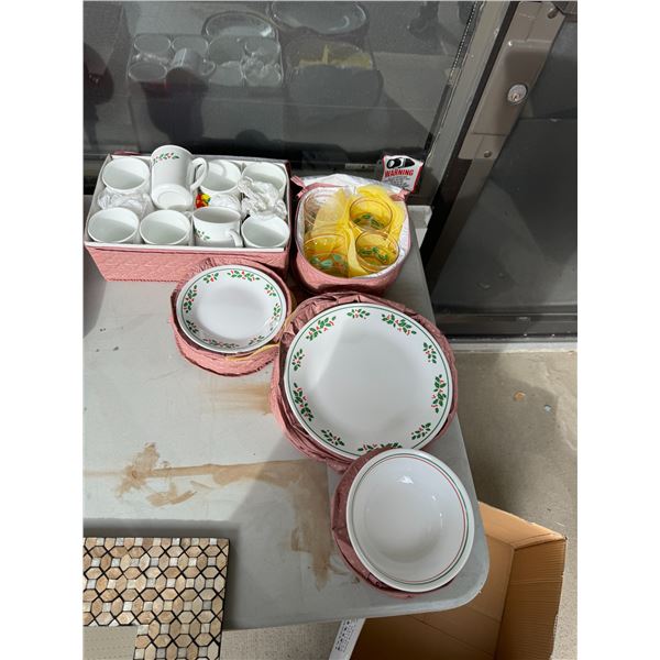 Corelle dishes (8) pc set  Corningware mugs and glasses made in Brazil