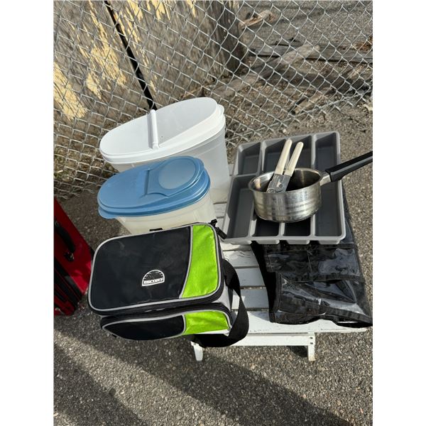 Cooler bag, storage containers, cutlery tray, and other items