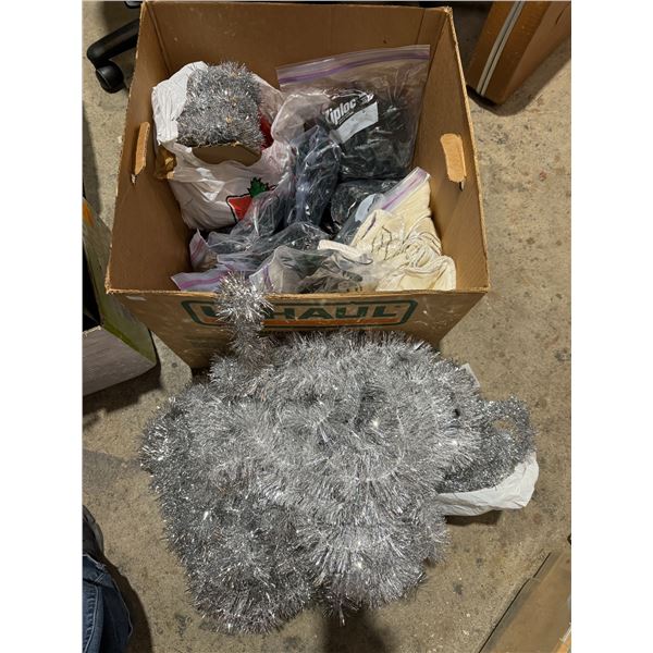 Christmas lights, tree skirt, and garland