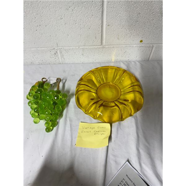 Vintage cadmium, glass bowl and loose grapes