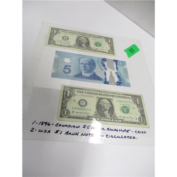 1 - 1896 CANADIAN $5 SIR WILFRED LAURIER BANK NOTE & 2 - USA $1 BANK NOTES
