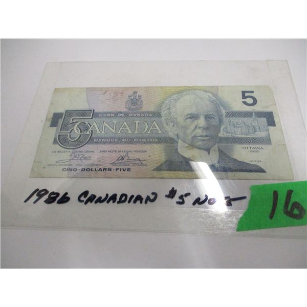 1986 CANADA $5 BANK NOTE