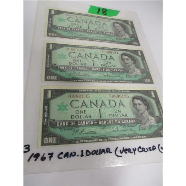 3 - CANADA CENTENTIAL $1 CRISP BANK NOTES