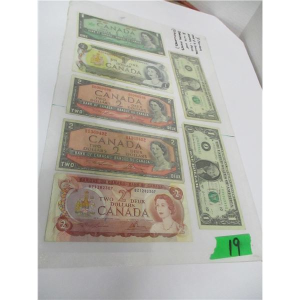 7 - CANADA $1 & $2 BANK NOTES & 2 - USA $1 BANK NOTES