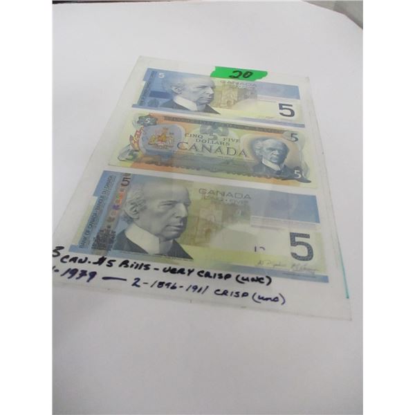 3 - CANADA $5 BANK NOTES
