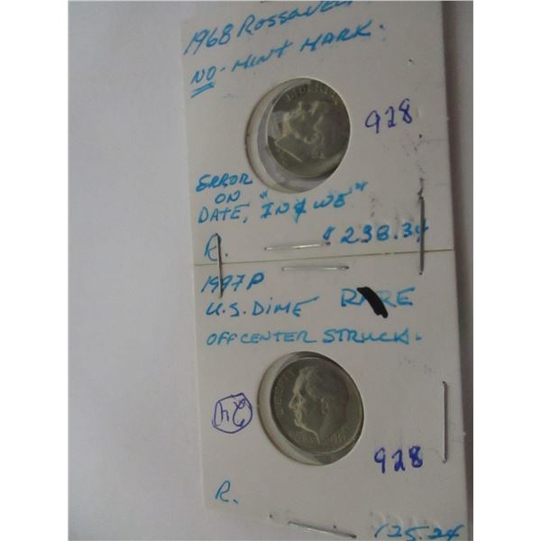 1968 ROOSEVELT NO MINT MARK DIME & 1997P RARE OFF CENTRE STRUCK USA DIME
