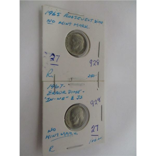 1 - ROOSEVELT NO MINT MARK DIME & 1 - USA ERROR DIME