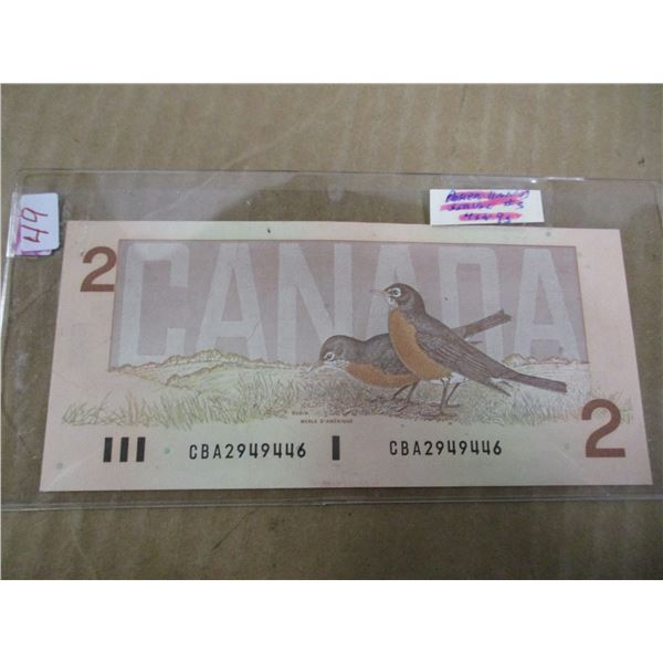 1986 BIRD SERIES POKER HAND SERIAL NUMBER $2 BILL (9'S & 4'S)