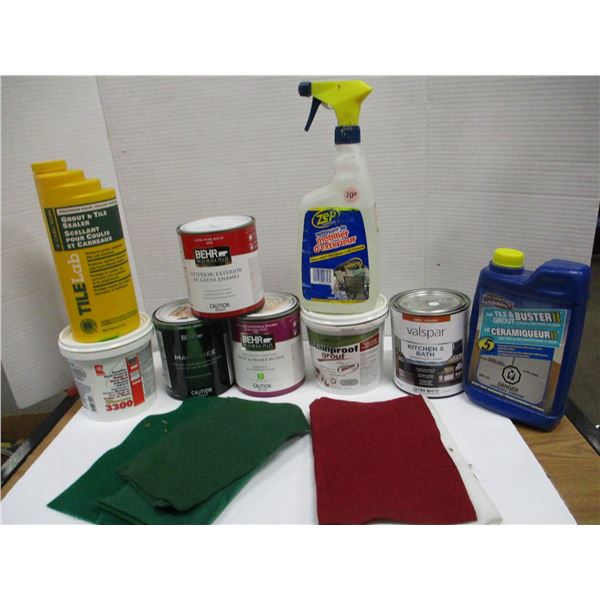 BOX C/W PAINTS, CLEANING SUPPLIES, ETC