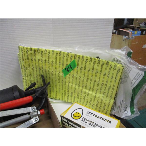 FLAT C/W VACUUM BAGS, BOTTLE CAPPER, EGG DISH, ETC