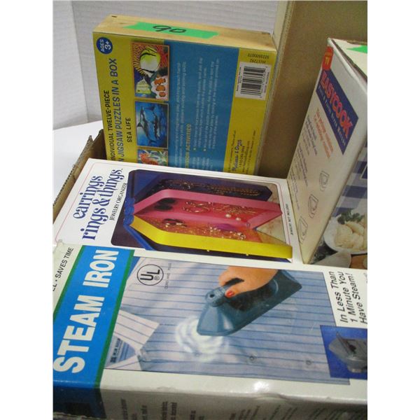 FLAT C/W PASTA MOLDS, IRON, WOOD BOX, ETC