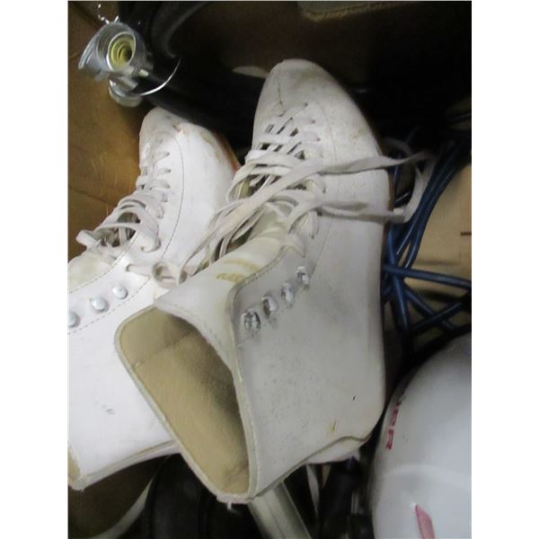 BOX C/W SKATES, HOSES, HELMET, ETC