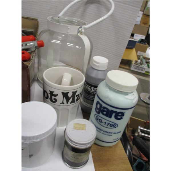 BOX C/W BOTTLE CORKER, BOOKS, PAINTS, ETC