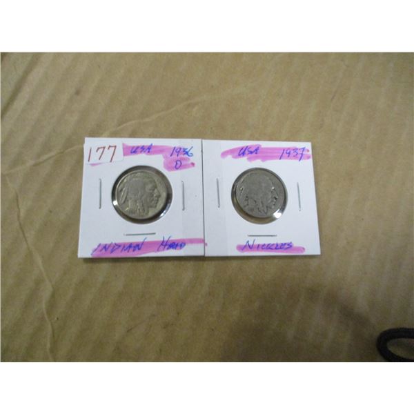 1936 & 1937 USA INDIAN HEAD NICKELS