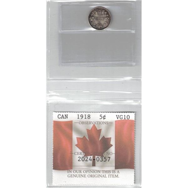 1918 Canada 5¢ Certified PCCS VG10, Professional Coin Certification System
