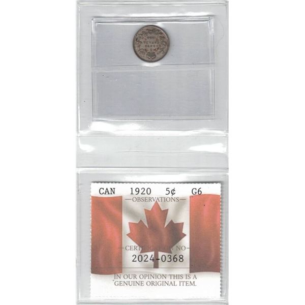 1920 Canada 5¢ Certified PCCS G6, Professional Coin Certification System