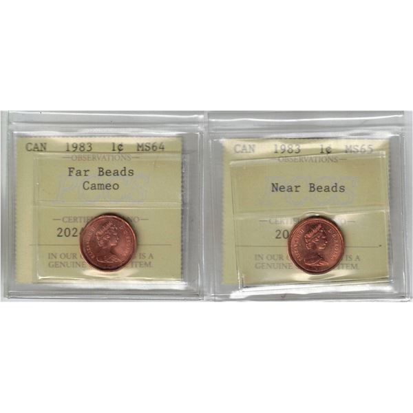 1983 x 2 Canada 1¢ Near Beads MS65, Far Beads; Cameo MS64, Professional Coin Certification System
