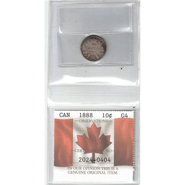 1888 Canada 10¢ ; Certified PCCS G4, Professional Coin Certification System