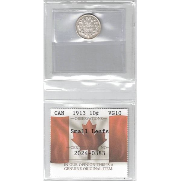 1913 Canada 10¢ ; Small Leafs, Certified PCCS VG10, Professional Coin Certification System